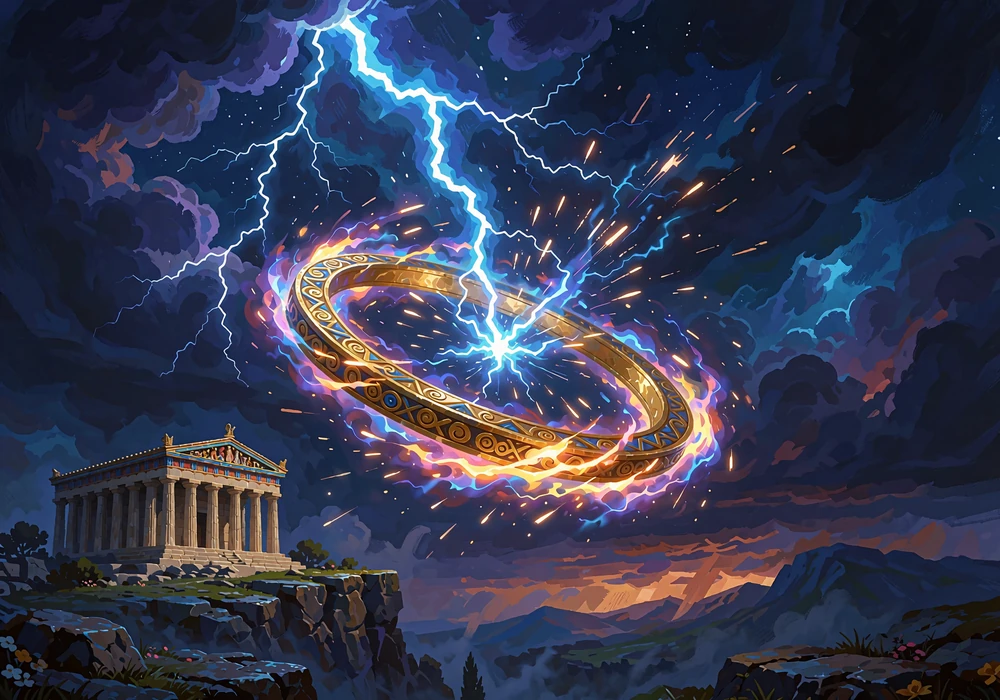 Błyskawica uderzająca w świetlisty złoty krąg nad nocną świątynią na klifie - promocja Friday Spin Surge w Hercules Casino