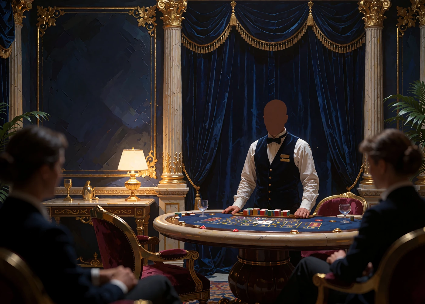 Krupier przy kameralnym stole w prywatnym salonie VIP z aksamitnymi kotarami w Hercules Casino