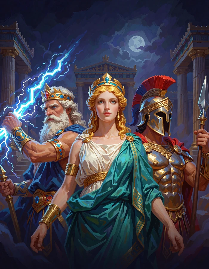 Trzej bogowie Olimpu z piorunem i wł&oacute;cznią na tle kolumnady - automat Zeus Pantheon w Hercules Casino