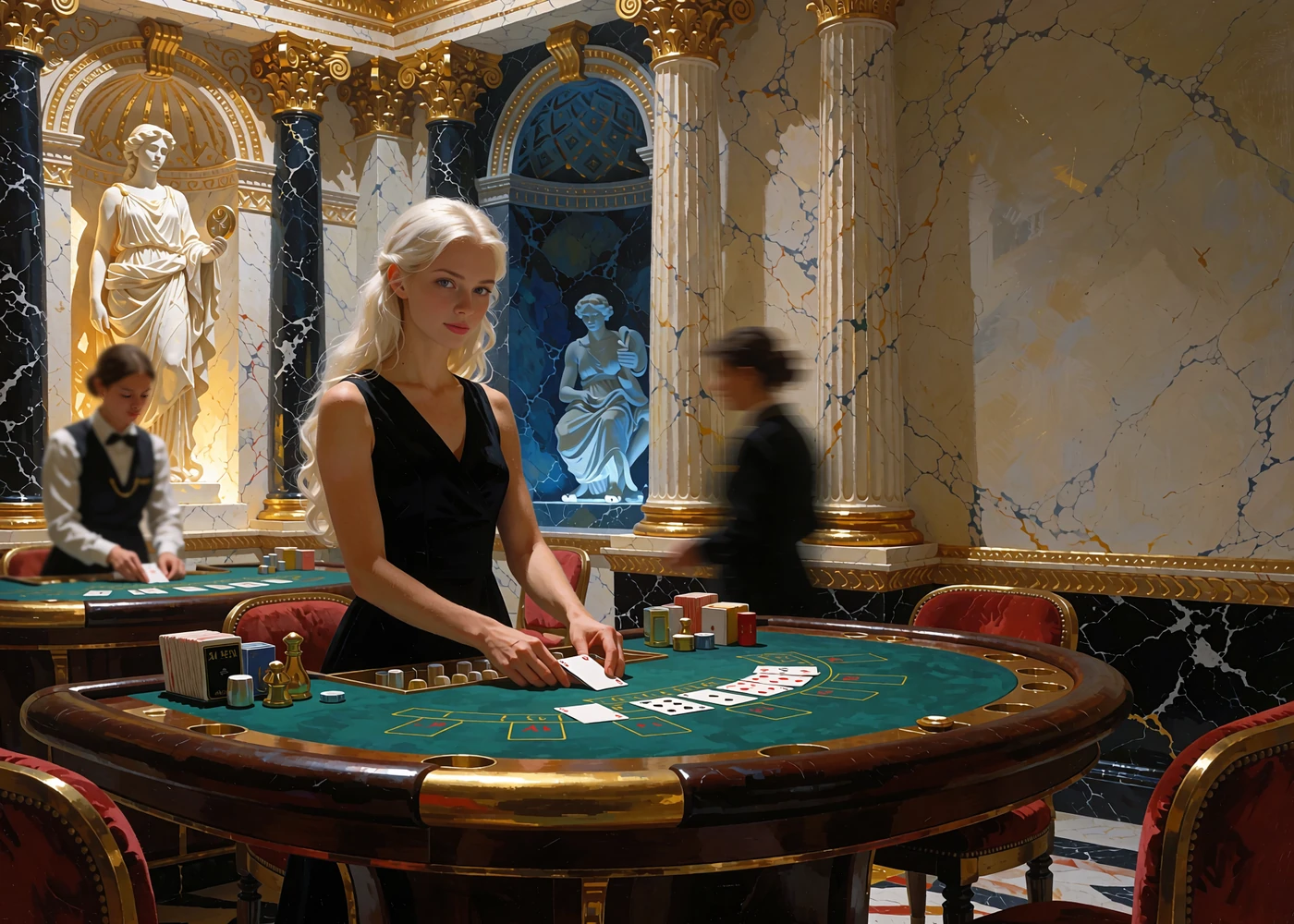 Krupierka rozdająca karty przy zielonym stole w marmurowym studiu kasyna na żywo Hercules Casino