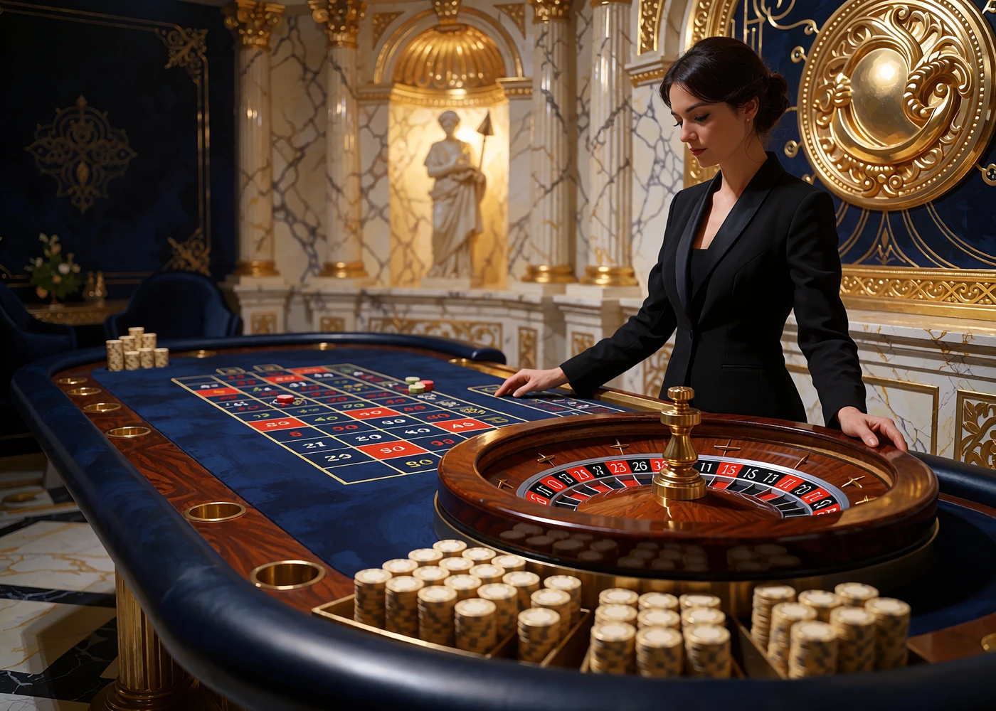 Krupierka przy pozłacanym kole ruletki w marmurowym studiu kasyna na żywo Hercules Casino