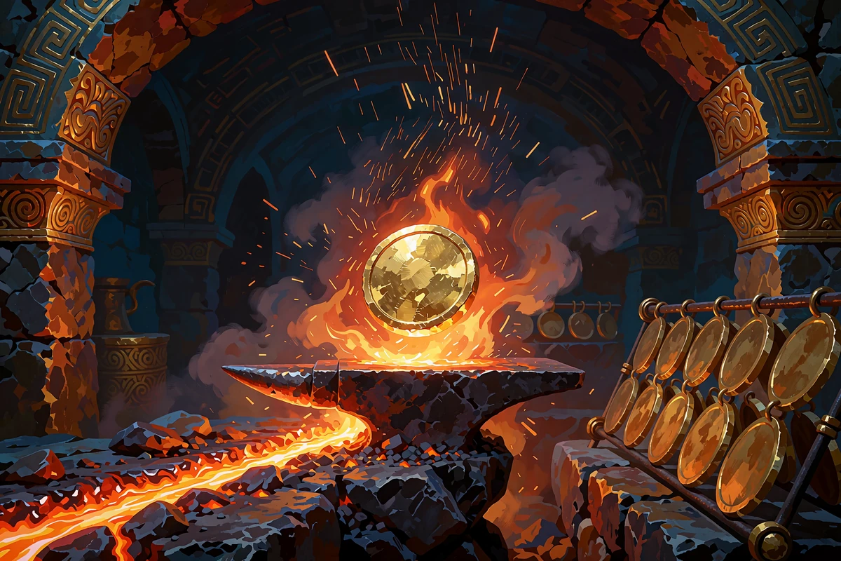 Świecący złoty krążek unoszący się nad kamiennym kowadłem w starożytnej kuźni - symbol wpłaty kryptowalutowej w Hercules Casino