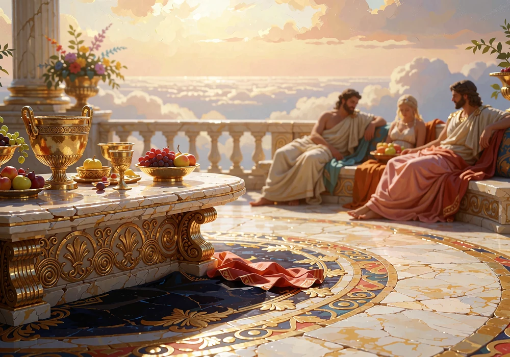 Uczta na marmurowym tarasie Olimpu ze złotymi naczyniami i widokiem na morze chmur - promocja Weekend of the Gods