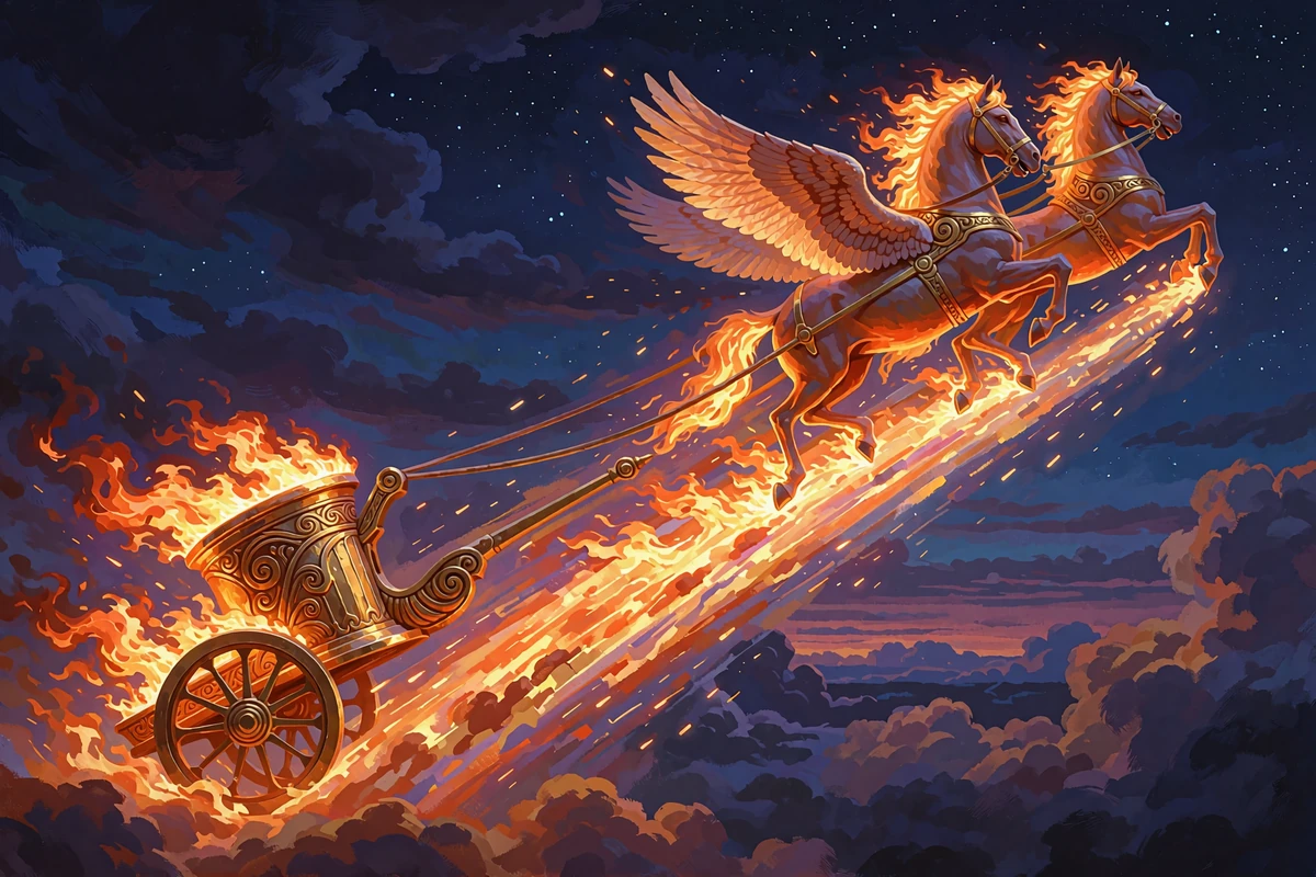 Płonący rydwan zaprzężony w skrzydlate konie wznoszący się ognistym szlakiem po nocnym niebie - ilustracja gry crash w Hercules Casino